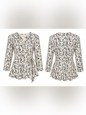 A.U.W. White & Black Floral Faux Wrap Peplum Blouse Women’s Medium 3/4 Sleeve